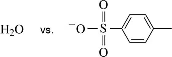Comparison of H2O and a sulfonate leaving group structure in a polar aprotic solvent.
