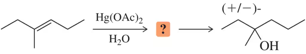 Alkene reacts with Hg(OAc)2 and H2O, forming a racemic alcohol product, highlighting stereospecificity.