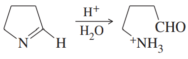 Chemical reaction diagram illustrating the conversion of an imine to an aldehyde with protonation and water addition.