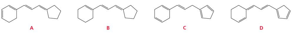 Four chemical structures labeled A, B, C, and D, illustrating compounds for ranking by increasing lmax.