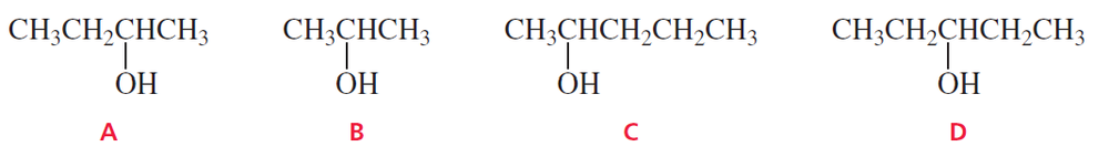 Structural formulas of four secondary alcohols labeled A, B, C, and D, with hydroxyl groups indicated.