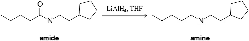 Chemical reaction showing LiAlH₄ reducing an amide to an amine.