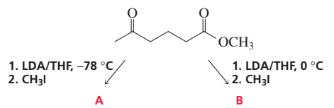 Alkylation reaction diagram showing two ketoesters A and B with conditions for formation labeled.