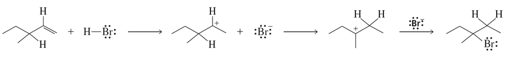 Curved arrows illustrate the electron flow in a chemical reaction mechanism involving hydrogen and bromine.