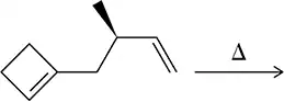 Chemical structure of a cyclobutene derivative undergoing a Cope rearrangement with heat indicated by a delta symbol.
