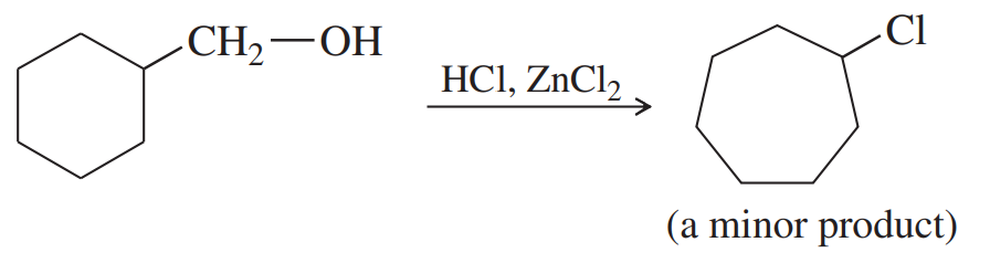 Chemical reaction showing conversion of a cyclohexanol to a chlorocyclohexane using HCl and ZnCl2, labeled as a minor product.
