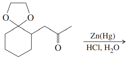 Chemical structure of an acetal with reaction conditions: Zn(Hg) in HCl and water for nucleophilic addition.