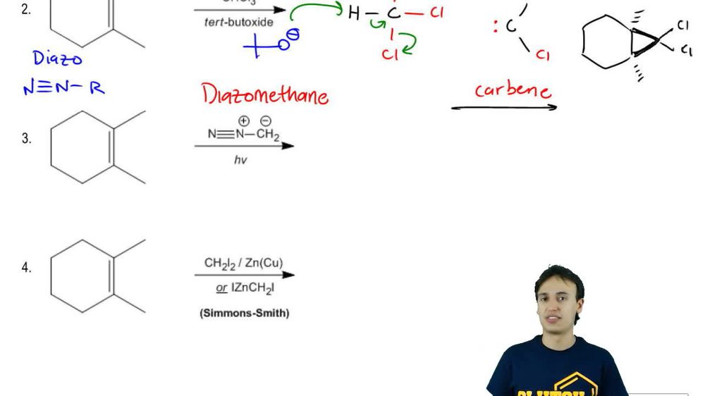 Reaction with diazomethane and light or heat.
