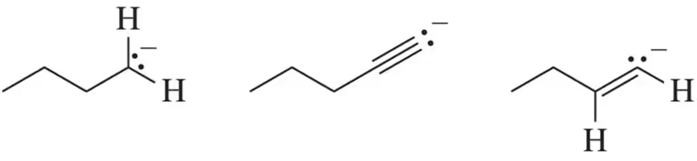 Structural representations of anions with varying reactivity towards electrophiles, showing bonds and lone pairs.