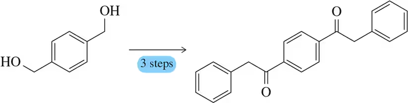 Chemical reaction diagram showing a reactant with hydroxyl groups converting to a product in three steps using a cuprate reagent.