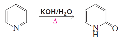 Chemical reaction diagram showing nucleophilic aromatic substitution with KOH in water, resulting in an amine and carbonyl compound.