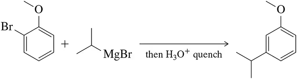 Reaction scheme showing a regioselective addition of MgBr to a brominated aromatic compound, followed by quenching with water.