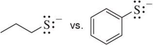 Comparison of two anions: a linear structure on the left and a phenyl group on the right, both with negative charges.