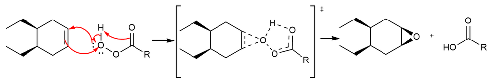 Illustration of concerted epoxidation reaction mechanism with arrows indicating electron movement.