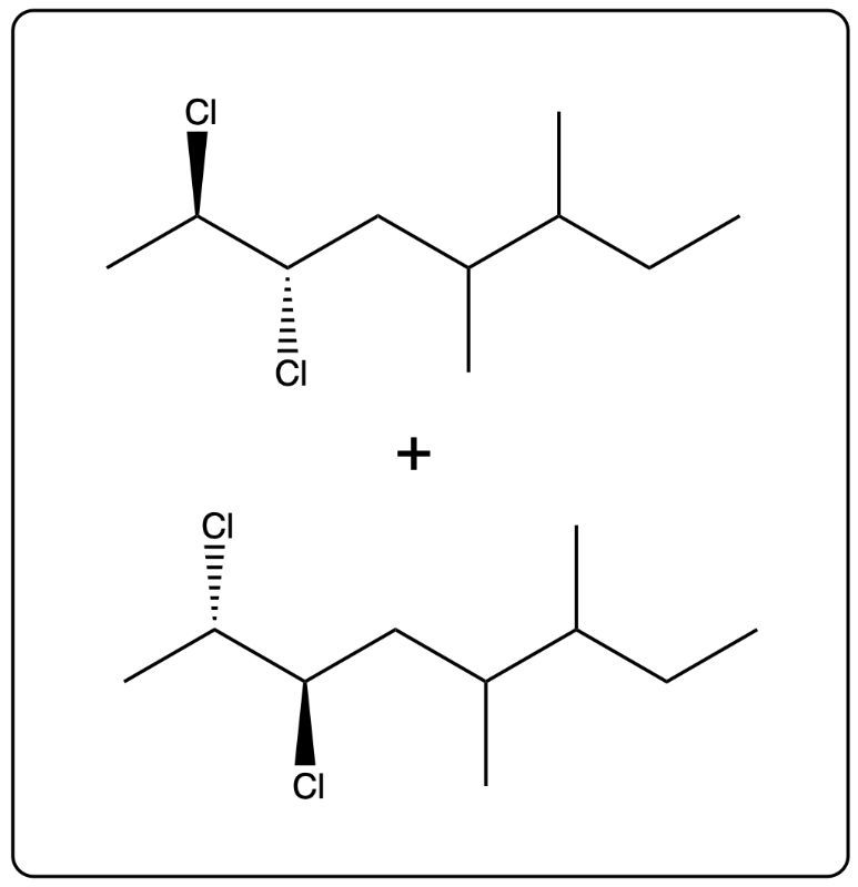 Products of alkyne hydrohalogenation with 2 eq. of HCl, showing two structures.