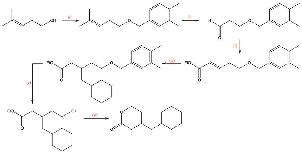 Stepwise chemical reaction scheme showing transformations of organic molecules with labeled steps (i) to (vi).