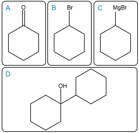 Structures of products A, B, C, and D for the synthesis question in organic chemistry.