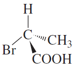 Structural formula of a chiral carbon atom with attached groups: H, Br, CH3, and COOH, indicating R or S configuration.