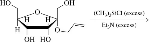 Chemical structure of a monosaccharide with hydroxyl groups, showing etherification reaction with reagents and product prediction.