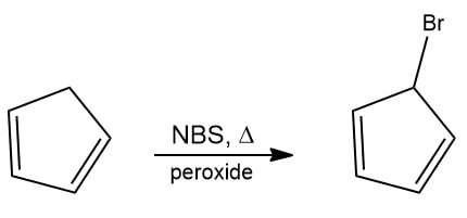 Allylic bromination reaction showing reactants and products with NBS and peroxide.