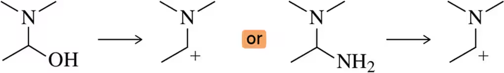 Chemical structures showing the formation of a carbocation from hydroxyl and amino groups, with an orange "or" between them.