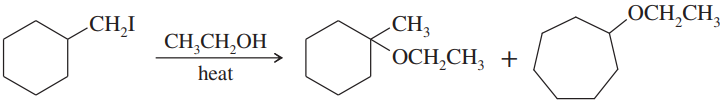 Chemical reaction diagram showing the conversion of an alkyl iodide to two products via solvolysis in ethanol with heat.