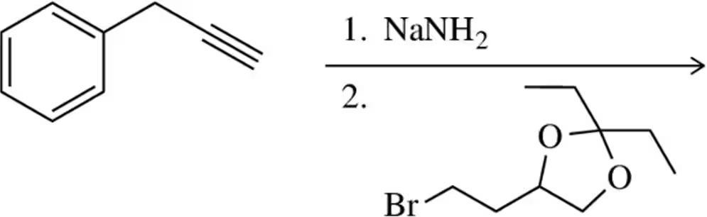 Chemical reaction diagram showing acetylide alkylation with reactants and products labeled.