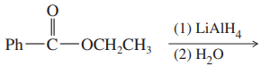Chemical reaction diagram showing a phenyl group attached to a carbonyl and an ether, with reduction steps using LiAlH4 and water.