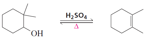 Chemical reaction diagram illustrating a dehydration reaction mechanism involving an alcohol and sulfuric acid.
