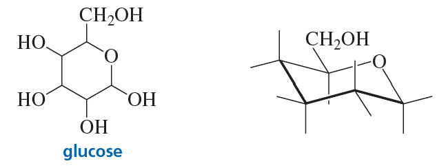 Structural representation of glucose showing its six-membered ring and chair conformation with equatorial substituents.