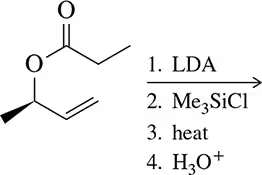 Chemical reaction diagram showing reactants and conditions: LDA, Me3SiCl, heat, and H3O+ for product prediction.