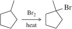 Chemical reaction showing bromine addition to cyclopentane under heat, forming bromocyclopentane.