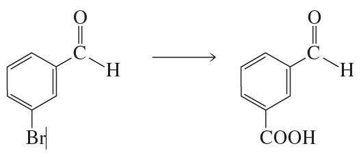 Chemical reaction diagram showing the conversion of a brominated aldehyde to a carboxylic acid.