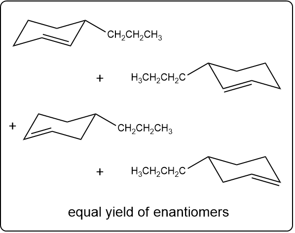 Flowchart showing elimination reactions with equal yield of enantiomers.
