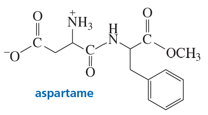 Chemical structure of aspartame, a sweetener, labeled with its name in blue text.