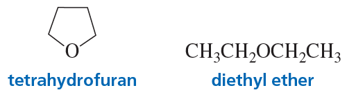 Structural formulas of tetrahydrofuran and diethyl ether, highlighting their differences in solvation abilities.