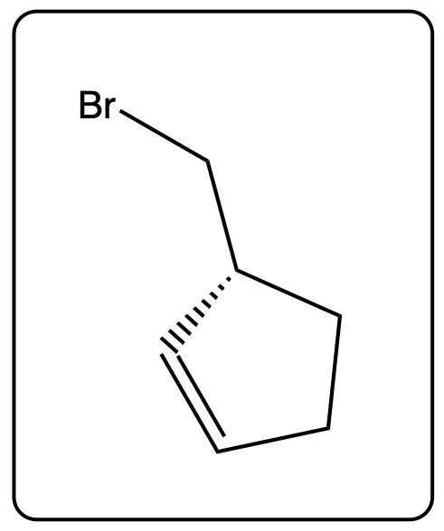 Complex structure of (R)-3-(bromomethyl)cyclopent-1-ene with wedge and dash bonds.