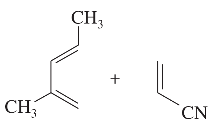 Chemical structures of two reactants for a Diels-Alder reaction, including methyl groups and a cyano group.