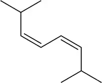 Chemical structure of a conjugated diene in s-trans conformation, showing alternating single and double bonds.