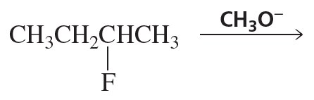 Chemical structure diagram showing an alkyl halide with a fluorine atom and a hydroxide ion, indicating elimination reactions.