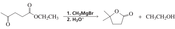 Chemical reaction mechanism illustrating nucleophilic addition of Grignard reagent to a carbonyl compound, producing an alcohol.