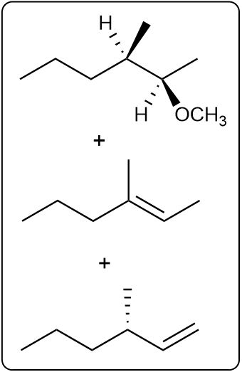 Flowchart showing both SN2 and E2 products from (2R,3R)-2-bromo-3-methylhexane and CH3O−.