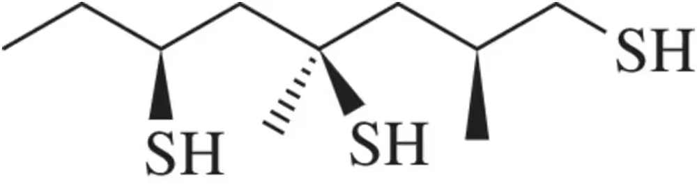 Diagram of sulfhydryl groups labeled as primary, secondary, and tertiary in a molecular structure.