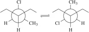 Two Newman projections of a cycloalkane showing different conformations with chlorine and methyl groups.