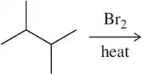 Chemical reaction: isobutane reacts with bromine (Br2) under heat to form a brominated product.