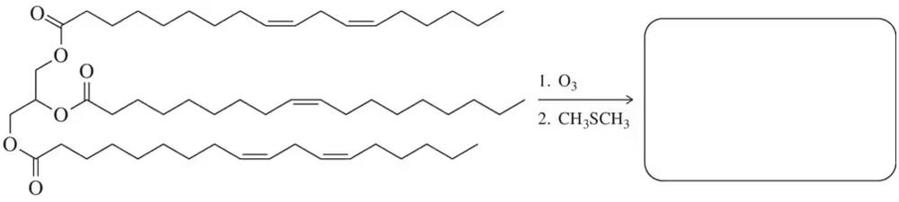 Triglyceride structure with ozonolysis reaction steps, O3 and CH3SCH3, leading to product prediction.