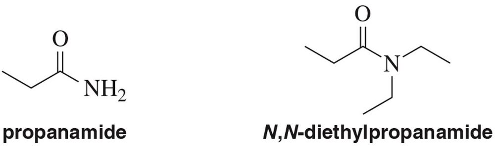 Chemical structures of propanamide and N,N-diethylpropanamide, highlighting differences in amide groups.