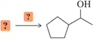Chemical reaction diagram with two unknowns forming a cyclopentanol molecule.