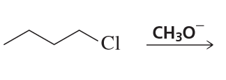 Chemical structure showing an alkyl chloride reacting with methoxide ion, indicating a substitution reaction pathway.