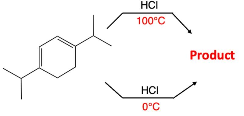 Reaction scheme showing diene with HCl at 0°C and 100°C leading to the same product.